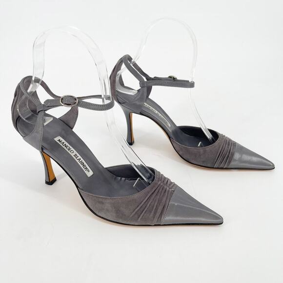 Manolo Blahnik Gray Pointed Cap Toe Ruched Ankle Strap D'Orsay Heel IT 37.5 - Picture 1 of 11